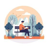 man reading newspaper on bench in park with plants vector