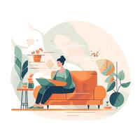 man reading newspaper on bench in park with plants vector