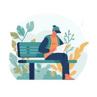man reading newspaper on bench in park with plants vector