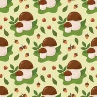 Seamless autumn pattern with porcini mushrooms and autumn foliage. background with mushrooms, leaves, berries for autumn, autumn design. Flat illustratio vector