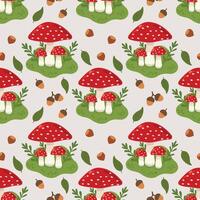 Seamless autumn pattern with mushrooms, fly agarics, nuts and autumn foliage. background with flowers, leaves, berries for autumn, autumn design. Flat illustration. illustration vector