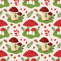 Seamless autumn pattern with mushrooms, fly agarics, nuts and autumn foliage. background with flowers, leaves, berries for autumn, autumn design. Flat illustration. illustration vector
