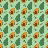 Seamless pattern of papaya fruits and palm leaves. A drawing made by hand on a peach background. Food illustration, menu, background. vector