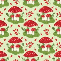 Seamless autumn pattern with mushrooms, fly agarics, berries and autumn foliage. background with flowers, leaves, berries for autumn, autumn design. Flat illustration. vector