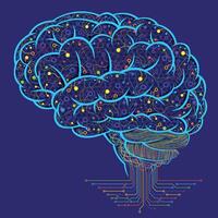 Drawing of a blue brain filled with yellow, red, green and purple lines coming out of the brain forming a circuit board vector