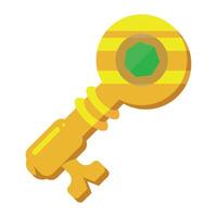 A golden key with a green gem on it vector