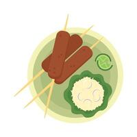 A plate with a plate of food and skewers vector