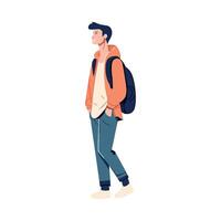 A man with a backpack is standing in front of a white background vector
