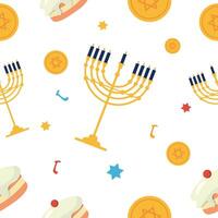 Seamless pattern with menorah, coins and cupcakes vector