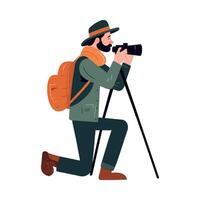 Man with backpack and camera on tripod vector
