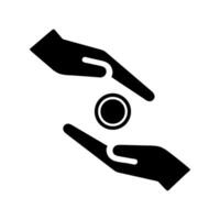 Two hands holding a coin icon on a white background vector