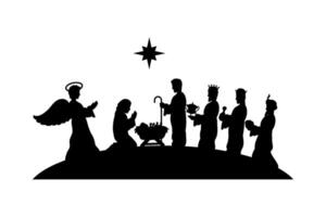 Silhouette of the nativity scene with jesus, mary, and baby j vector