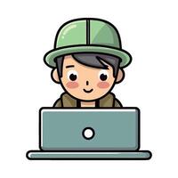 A cartoon man in a hat sitting at a computer vector