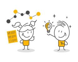 Stick figures. Businesspeople brainstorming together with sticky notes in an of vector