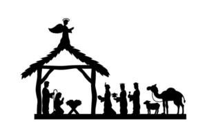 Nativity scene with a manger, sheep, and camels vector