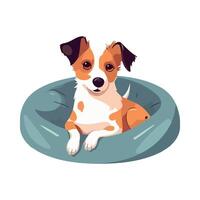 Dog sitting in a blue bowl, cartoon illustration vector