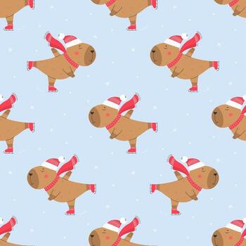 Seamless pattern with ice skating capybara vector