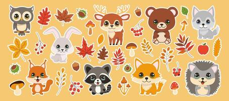 A collection of cute animals with autumn leaves and mushrooms. Scene is warm and playful vector