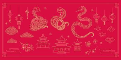 A red background with a snake and a dragon on it vector