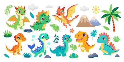 A group of cartoon dinosaurs are shown in a jungle setting. The dinosaurs are of various sizes and colors, including green, yellow, and orange. The scene is lively and playful vector