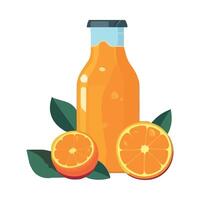Orange juice in a glass bottle with leaves and oranges vector