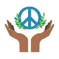 Peace symbol in hands with laurel leaves vector