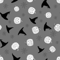 Seamless pattern with white pumpkin, witch hat, spider web on gray background vector