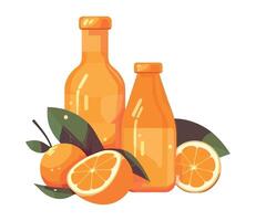 Orange juice and bottles with leaves and oranges vector