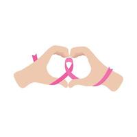 Hands making a heart shape with pink ribbon vector