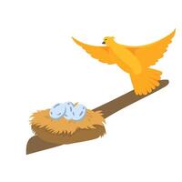 A bird is sitting on top of a nest with eggs vector