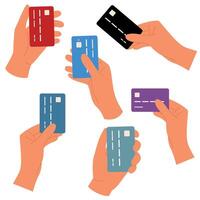 Set of hands holding colorful plastic credit card. Different gestures. Wireless payment concept vector