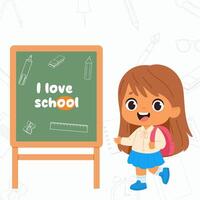 Pupil girl at elementary school standing near chalkboard with text I love school on it vector