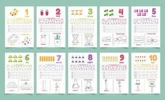 Activity worksheets for kids with many exercises. Learning numbers from 1 to 10. Trace, color, dot to dot on one page vector