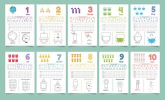 Activity worksheets for kids with many exercises. Learning numbers from 1 to 10. Trace, color, dot to dot on one page vector