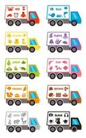Learning colors flashcard for kids. Set of coloured trucks with colourful objects. vector