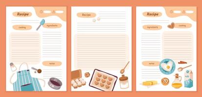 Template cookbook sheets for recipe, notes on cooking and ingredients. Recipe cards and meal planner. Flat illustration vector