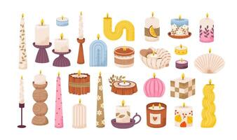 Various candles set. Scented candles of different shapes for a cozy atmosphere. Aromatherapy and relaxation. vector