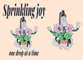A pair of flowers, working together, manage to turn on an old faucet, bringing water to their pot. A heart warming tale of friendship vector