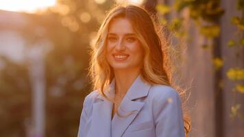 Portrait pleased happy Caucasian blonde girl with long hair stands sun rays background looking at camera smiling sincerely toothy with white teeth. Millennial girl posing in sunlight with smile photo