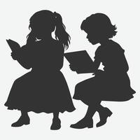 Silhouette of Two Girls Sitting Side by Side, Immersed in Books, Capturing the Joy of Reading Together vector