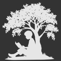 A Boy Reading a Book Under a Big Tree White Background Silhouette vector