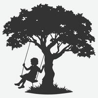 Majestic Silhouette of a Child Swinging on a Big Tree with a Rope Illustration vector