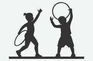 Joyful Kids Playing with Hula Hoops in Silhouette Dynamic Illustration vector