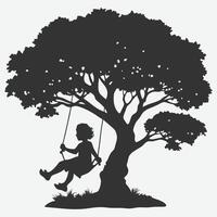 Majestic Silhouette of a Child Swinging on a Big Tree with a Rope Illustration vector