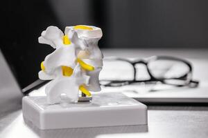 In a modern medical office, a doctor analyzes a spine X-ray alongside anatomical models, documenting findings on a laptop. Perfect for illustrating advanced diagnostics and patient care photo