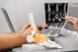 A doctor in a white coat provides expert advice on ankle joint conditions, using a detailed model for clear patient understanding. Perfect for medical consultations and educational content photo