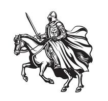 Medieval armed knight riding a horse. Historical ancient military character. Prince with a sword and shield. Ancient fighter. Vintage sketch. Engraved hand drawn illustration. vector