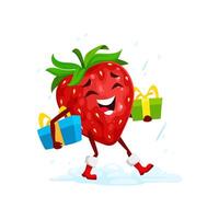 Cartoon Christmas strawberry character with gifts vector