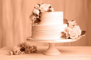 A beautiful peach-colored birthday cake on a background with a place to copy. photo