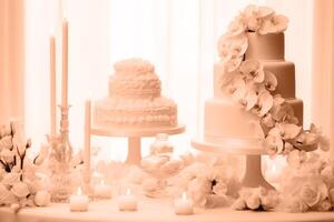 A beautiful peach-colored birthday cake on a background with a place to copy. photo